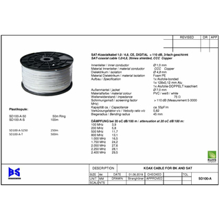 SAT-Koaxialkabel SD 100 A-S Vollkupfer (6,8mm/ 1,02mm / >100db/ 3-fach geschirmt/ 100m Rolle)