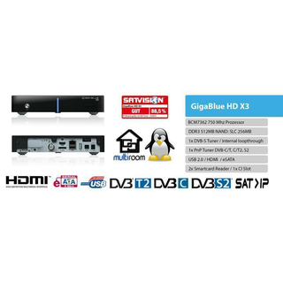 GigaBlue HD X3 Linux HDTV Sat-/Kabel-/DVB-T Receiver 1x DVB-S2 Tuner + 1x DVB-S2/C/T/T2 optional