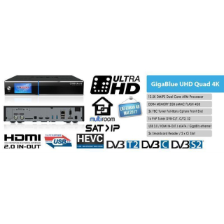 GigaBlue UHD Quad 4K Sat- / Hybrid Receiver 2x DVB-S2 (FBC-Tuner) mit 1000GB 2.5 Festplatte