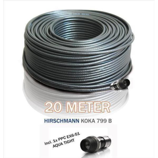 20m Koaxkabel Hirschmann KOKA 799 B mit vorkonfektioniertem+wasserdichtem F-Kompressionsstecker von PPC (Voll-Kupfer / UV-bestndig) - 2x 10m (2 Stecker vormontiert)