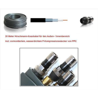 20m Koaxkabel Hirschmann KOKA 799 B mit vorkonfektioniertem+wasserdichtem F-Kompressionsstecker von PPC (Voll-Kupfer / UV-bestndig) - 2x 10m (2 Stecker vormontiert)