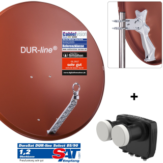 Astra/ Hotbird Satanlage für 2 Teilnehmer (Dur-Line 85/90 Select Antenne rot + Dur-Line MB6-TW Monoblock Twin LNB)